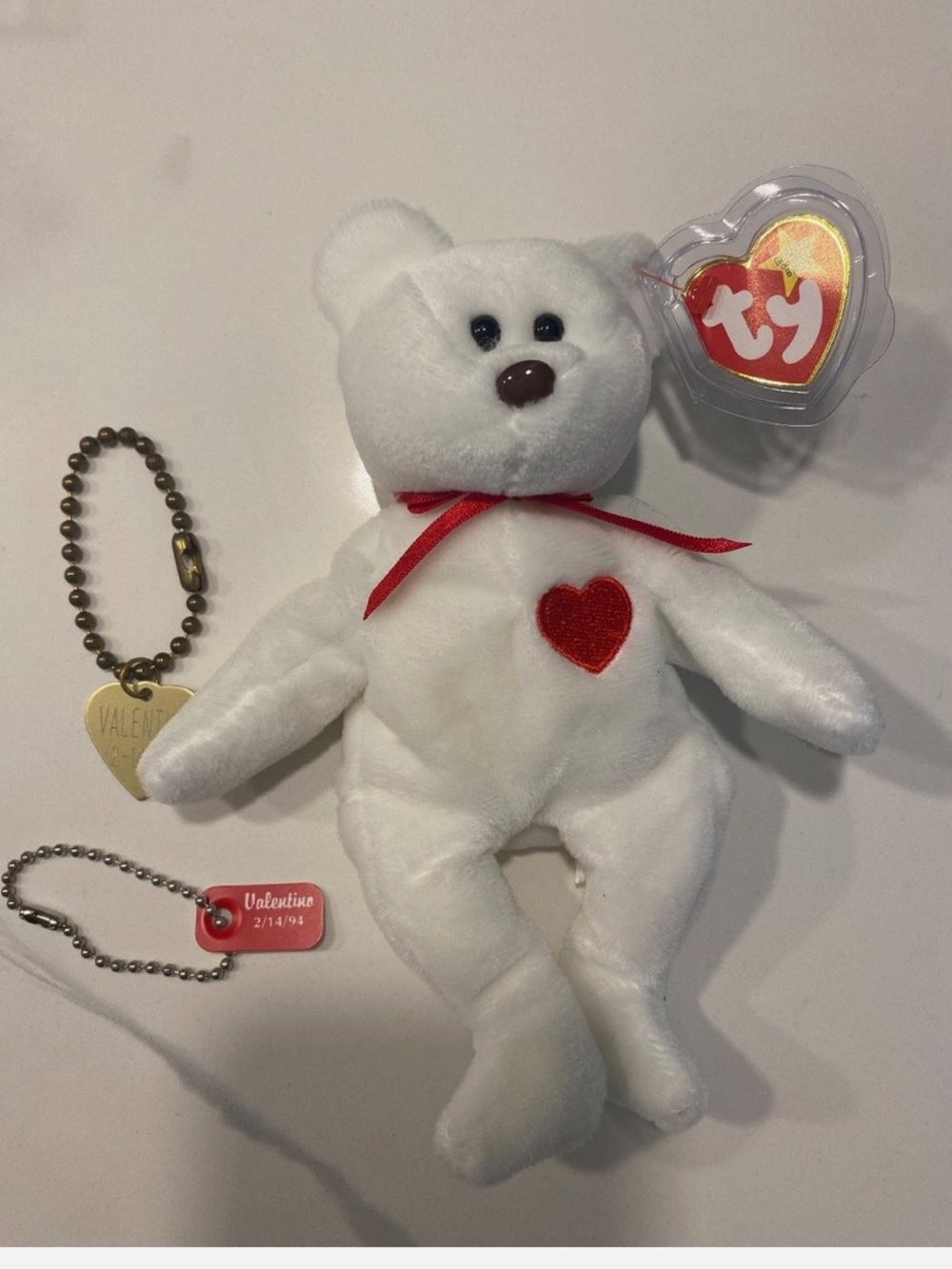 Ty Valentino White Bear with Red Heart and Ribbon